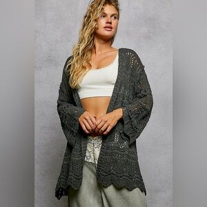 POL Openwork Lightweight Open Front Cardigan with Scalloped Edge